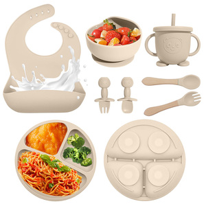 Haute qualité 17 pièces Silicone bébé alimentation ensemble avec plaque ronde avec couvercle bavoir bol cuillère fourchette tasse doigt brosse à dents pour enfants - Product Image 2