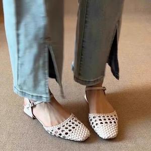 Sheepskin Version~Women's Artistic Retro <b>Woven</b> Cutout Low-heel Closed Toe <b>Sandals</b>, Summer French Ankle Strap Buckle Mesh <b>Sandals</b> - Product Image 2