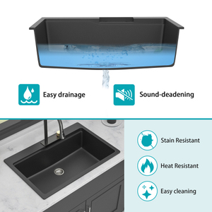 Ensemble d'évier de cuisine moderne sous plan 33x19 pouces, évier simple en <span class=keywords><strong>granit</strong></span> composite de quartz noir avec égouttoir - Product Image 5
