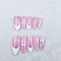 Uñas artificiales; forma de uña de almendra color base Rosa; lazo pintado a mano; fábrica de alta calidad al por mayor.