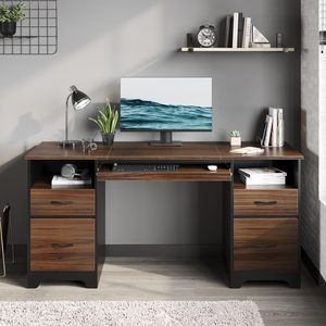Escritorio Ejecutivo SENYU de 59'' con Cajones para Archivos y Almacenamiento, Escritorio para Computadora con Bandeja para Teclado y 2 Compartimentos Abiertos - Product Image 2
