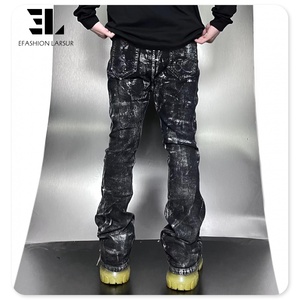 LARSUR Custom Denim Factory Black Metal Silver Foil Denim Jeans Hombres Skinny Flare Jeans Hombres Coated Wax Stacked Jeans Hombres - Product Image 3