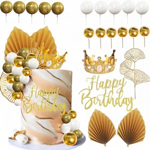 Ensemble de décorations de gâteau de luxe en forme de couronne dorée avec feuilles et boules pour anniversaire, mariage, fête, fournitures de décoration de gâteau - Product Image 2
