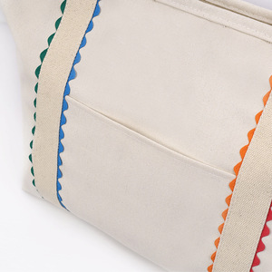 Custom Monogram <strong>Large</strong> Shoulder <strong>Large</strong> <strong>Beach</strong> <strong>Bag</strong> Canvas Rainbow Stripe Handle <strong>Large</strong> Tote Scallop Edge Tote <strong>Bags</strong> - Product Image 5