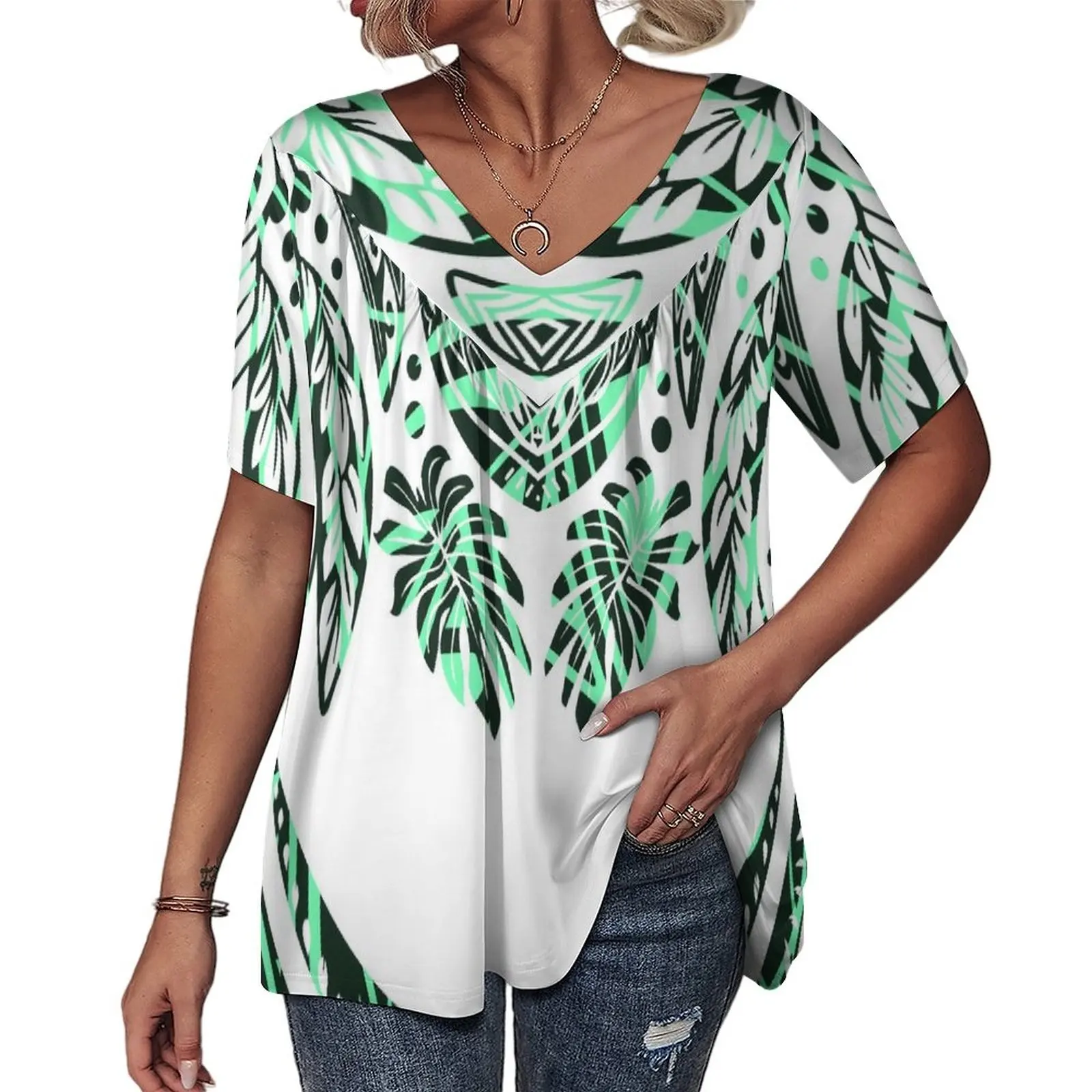 เสื้อยืดผ้า Milk Silk สำหรับผู้หญิง,เสื้อคอ V หรูหราพิมพ์ลาย Polynesian Hawaii ขนาดใหญ่พิเศษเสื้อเชิ๊ตผู้หญิง