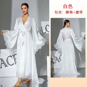 <span class=keywords><strong>Vestaglia</strong></span> Elegante Estiva Bicolore Nero e Bianco in Raso e <span class=keywords><strong>Pizzo</strong></span> Traspirante, Stile Lusso Leggero, Maniche a Campana Lunghe, con Laccio, Sexy per Casa - Product Image 6