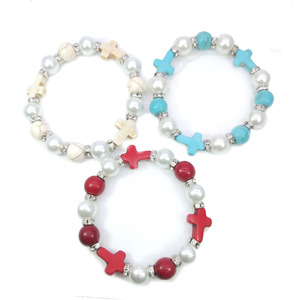Pearl And Turquoise Beaded <b>Bracelet</b> Cross Design Imitation Pearl Unisex Gift Jewelry - Product Image 5