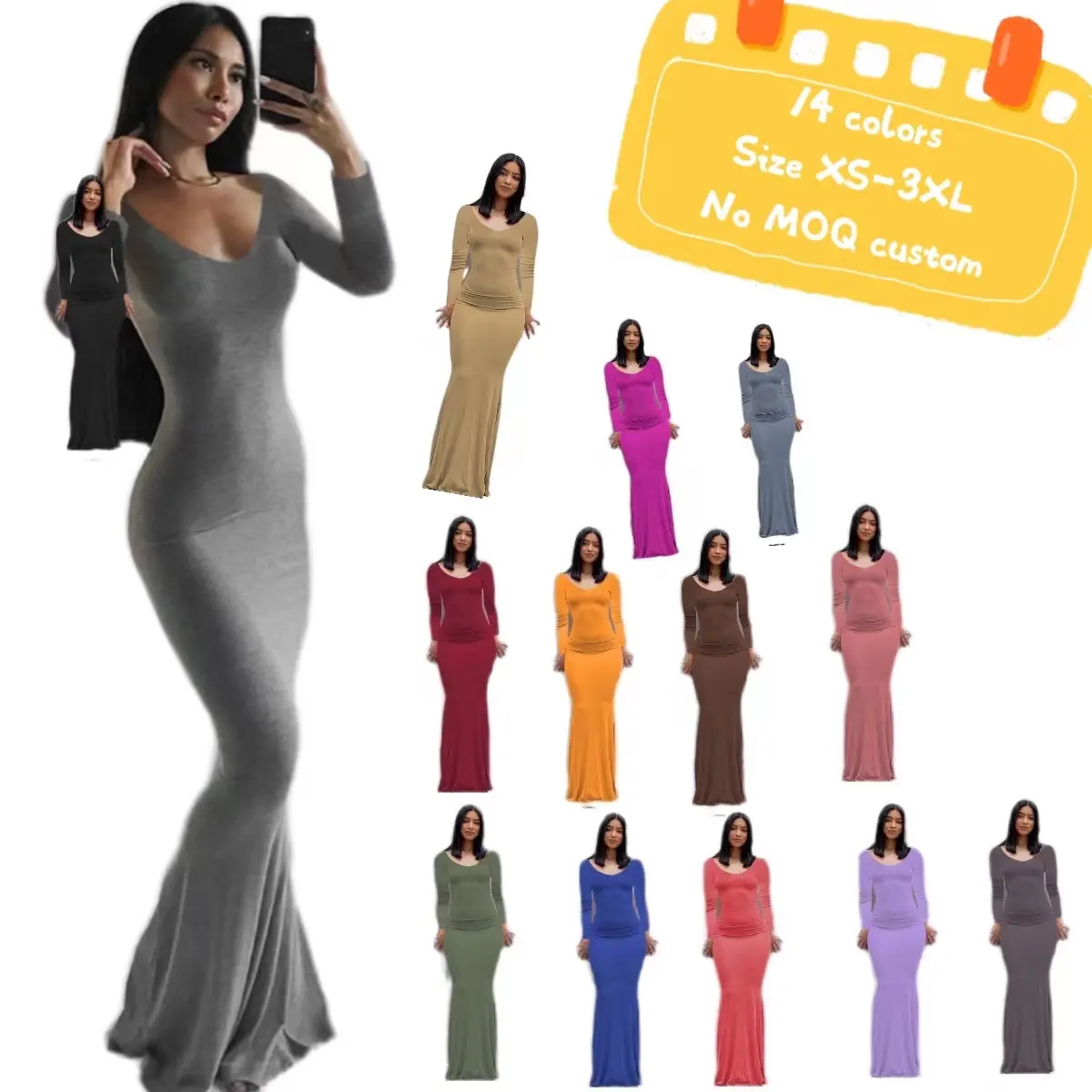 2022 cotton mix jersey knitted draped skims dress wholesale brown floor length bodycon mermaid dress long sleeve maxi dress