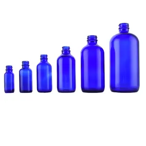 钴蓝波士顿圆形30毫升玻璃水瓶120毫升250毫升500毫升1000毫升小乳液瓶，带塑料黑盖