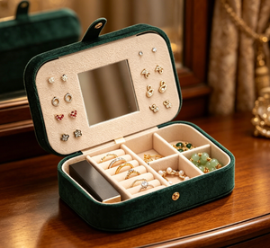 Boîte de rangement pour bijoux avec miroir et compartiments, mini organisateur de voyage en velours, anti-oxydation - Product Image 5