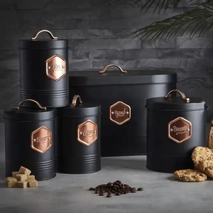 5 Pcs Thực Phẩm Lưu Trữ Lọ Kim Loại Màu Đen Nhà Bếp Bánh Mì Bin Hộp <span class=keywords><strong>Container</strong></span> Biscuit Trà Cà Phê Đường Tin Canister Set - Product Image 1