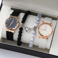 Jam tangan kuarsa Analog wanita, arloji kasual gelang silikon Set hadiah untuk pasangan pria dan wanita 5 buah/Set