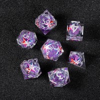Lot de 7 dés polyédriques OEM faits à la main pour D&D, transparents, à bords doux, en résine scintillante violet rêveur, pour promotions de jeux