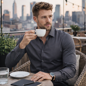 Camicia da <span class=keywords><strong>Uomo</strong></span> Elasticizzata Grigio Scuro <span class=keywords><strong>Slim</strong></span>-<span class=keywords><strong>Fit</strong></span> con Ricamo Personalizzato Manica Lunga 100% Cotone <span class=keywords><strong>Abbigliamento</strong></span> Casual Maschile - Product Image 2