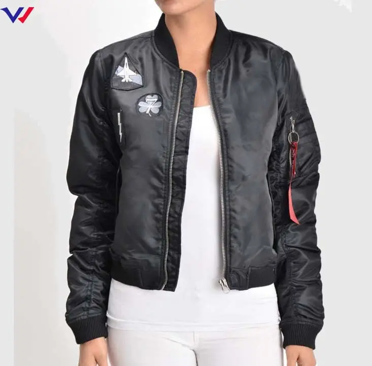 Jaket Wanita Ukuran Plus Kualitas Tinggi Mantel Satin Logo Kustom Jaket Bomber Lengan Panjang untuk Wanita