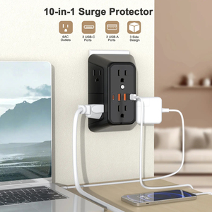 ปลั๊กพ่วงป้องกันไฟกระชากมาตรฐาน US/EU 1050J 1875W 10-in-1 พร้อมเต้ารับ 6 ช่อง และพอร์ต USB 4 ช่อง ติดผนังได้ - Product Image 2