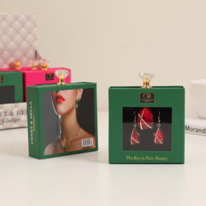 Boîtes à bijoux de luxe en carton carré imprimées par estampage à chaud personnalisées avec fenêtre transparente, tiroir coulissant pour boucles d'oreilles, poignée en pierre - Product Image 2