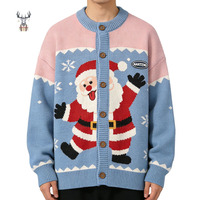 Pulls de Noël pour hommes Nanteng personnalisés en coton 100% avec motif tricoté Père Noël dansant, col rond, boutons, cardigan