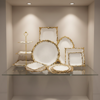 Service de table en céramique arabe de luxe avec motif de plumes en relief, bols et assiettes en porcelaine, bord doré, vaisselle en céramique pour les fêtes