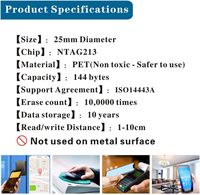 Étiquettes NFC imprimables en PET Ntag213 22 mm, autocollants programmables, puces NFC 213, mémoire 144 octets, 13,56 MHz, compatibles Android et iPhone