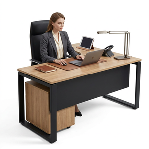 Modern <b>Office</b> Desk Wood Top Metal Legs Black Frame Storage Cabinet Included Professional Workstation Design - Product Image 1