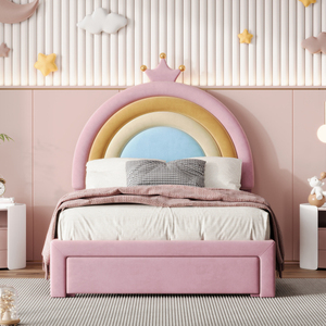 Twin Size Modern Velvet Princess Platform <strong>Bed</strong> with Storage <strong>Drawer</strong> Upholstered Rainbow Design Soft <strong>Bed</strong> Metal <strong>Frame</strong> - Product Image 2