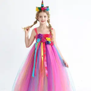 New Colourful Rainbow Unicorn Flower Children's Party Fairy Dress Christmas Birthday Girl Mesh Long Skirt