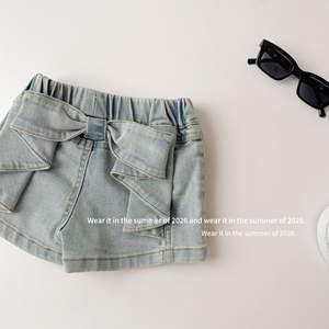 Pantaloncini per Bambine 2026 con Grande Fiocco in Denim <span class=keywords><strong>Blu</strong></span> Lavato - Product Image 3