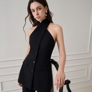 Blazers de luxe pour femmes DARA TWISTED HALTERNECK TOP sans manches rayonne Spandex tissu tissé mode vêtements pour femmes - Product Image 2