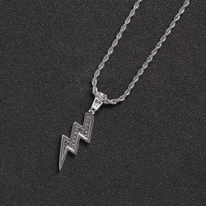 3-Row Iced Out Bolt Pendant, Men's Hip Hop CZ <b>Statement</b> <b>Necklace</b> for Clubbing & Streetwear - Product Image 1
