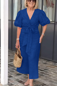 Abito Elegante Personalizzabile da Donna <span class=keywords><strong>S</strong></span>-5XL, Vestito Estivo Casual alla Moda con Scollo a V, Maniche a Sbuffo e Lacci in Cotone - Product Image 5