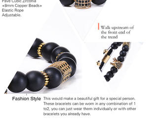 2021 New 8 mm <strong>Black</strong> Frosted Stone <strong>Beaded</strong> Gold Plated CZ Crown Charm Bracelet Adjustable White and <strong>Black</strong> Zircon Couples Bracelets - Product Image 6