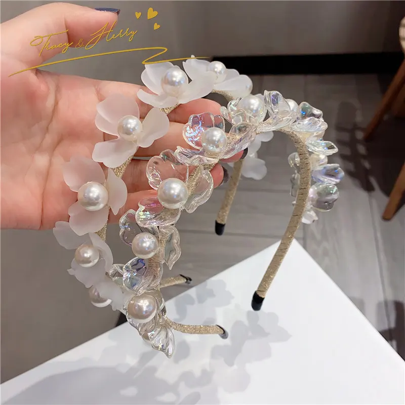Tracy & Herry Fashion Design Süße transparente Kunststoff Perlen Blume Braut Stirnband Metall Perle Haarband für Mädchen
