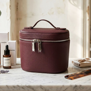 Burgundy Litchi Pattern PU Leather Makeup Bag Cylindrical Travel Toiletry Case <b>Large</b> Capacity Vanity Organizer Cosmetic <b>Box</b> Hand - Product Image 6