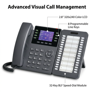 Téléphone IP à écran couleur 8 lignes SIP avec console <span class=keywords><strong>VoIP</strong></span> Gigabit PoE à 32 touches et extension latérale pour hôtels et entreprises - Product Image 1