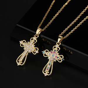 Collana Vintage da Donna con Croce in Cristallo Traforato, Due Stili, Pendente in Zircone Colorato, Catena Sottile, Gioiello Religioso - Product Image 1