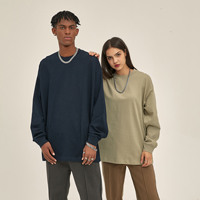 T-shirt à manches longues en coton 100% de style décontracté, avec broderie personnalisée Y-X, 300 GSM, poids lourd, coupe ample, épaules tombantes, uni