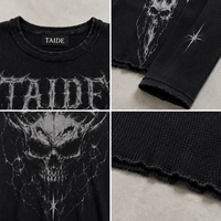 Kaos Lengan Panjang Thermal Waffle 280GSM Bersertifikasi BSCI TaiDe, Motif Tengkorak Api Gothic, Ujung Raw Hem, Produsen Grosir Pria