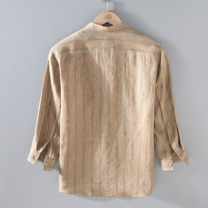 G036 nuova <span class=keywords><strong>camicia</strong></span> estiva in <span class=keywords><strong>stile</strong></span> <span class=keywords><strong>giapponese</strong></span> con colletto ripiano tinta in filo di lino a maniche a tre quarti Casual Versatile da uomo - Product Image 2