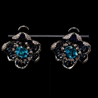 Anting Tusuk Wanita Vintage Bertahtakan Bunga Biru, Perhiasan Zirkonia Kubik, Anting Berlapis Emas Wanita, Anting Berhias Berlian Imitasi