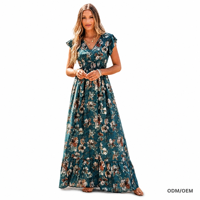 Robe longue florale pour femmes pour les vacances d'été à la plage, robe imprimée à col en V, robe de plage de style européen et américain, nouvelle mode