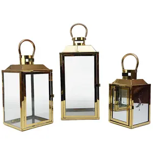 Customized Set Of 3 Gold Stainless Steel Candle Lantern