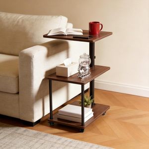 360 °   Table d'appoint pivotante avec rangement, hauteur réglable, <span class=keywords><strong>roulettes</strong></span> à roulement fluide, table d'appoint en forme de C pour canapé, aspect noyer - Product Image 6