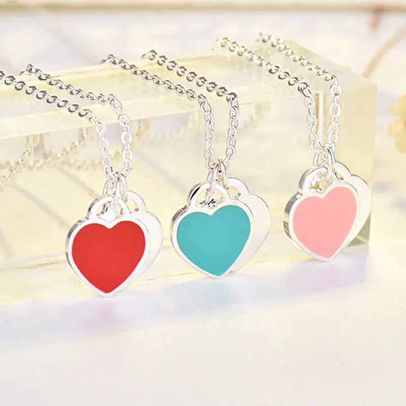 simple love heart necklace enamel red and blue powder three-color heart-shaped pendant silver plated chain necklace