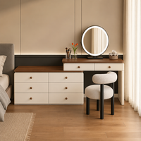 Meuble-lavabo moderne en forme de L avec plateau en noyer |   Miroir LED rond à 6+2 tiroirs et chaise Boucle (bois massif multicouche)