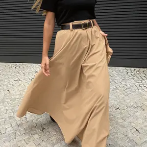 Enyami Streetwear Chic Design Mode Bureau Loisirs 100% Coton Taille Haute Jupe Femmes A-line Maxi Jupes Longues avec Poches