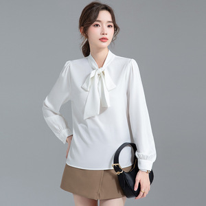 Women's Bow Tie Long Sleeve Shirt Top <b>White</b> Satin Office Wear Elegant French Style Spring Autumn New Arrival - Product Image 3