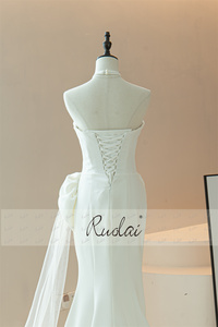 Ruolai QD06362 tubino floreale fatto a mano drappeggiato bianco civile collo all'americana abiti abito <span class=keywords><strong>da</strong></span> sposa - Product Image 4
