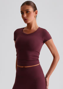 Color sólido V cuello camiseta gimnasio Top ropa deportiva manga corta Fitness Yoga camisa - Product Image 2