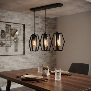 Luminaire suspendu hexagonal à 3 lumières, abat-jour en verre transparent industriel pour îlot de cuisine - Product Image 1